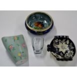 TRAY CONTAINING MALING FLORAL VASE, ROYAL WINTON DISH, HEAVY GLASS VASE, FRUIT BOWL ETC