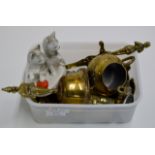 BOX WITH CAT ORNAMENT & VARIOUS BRASS WARE