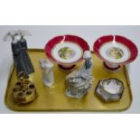 TRAY CONTAINING LLADRO FIGURINE ORNAMENTS, PAIR OF HAND PAINTED COMPORTS, NORITAKE CUP & SAUCER,