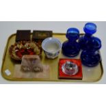 TRAY CONTAINING PAIR OF ART DECO BOOK ENDS, SMALL ORIENTAL PLANTER, TABLE LIGHTER, BLUE GLASS