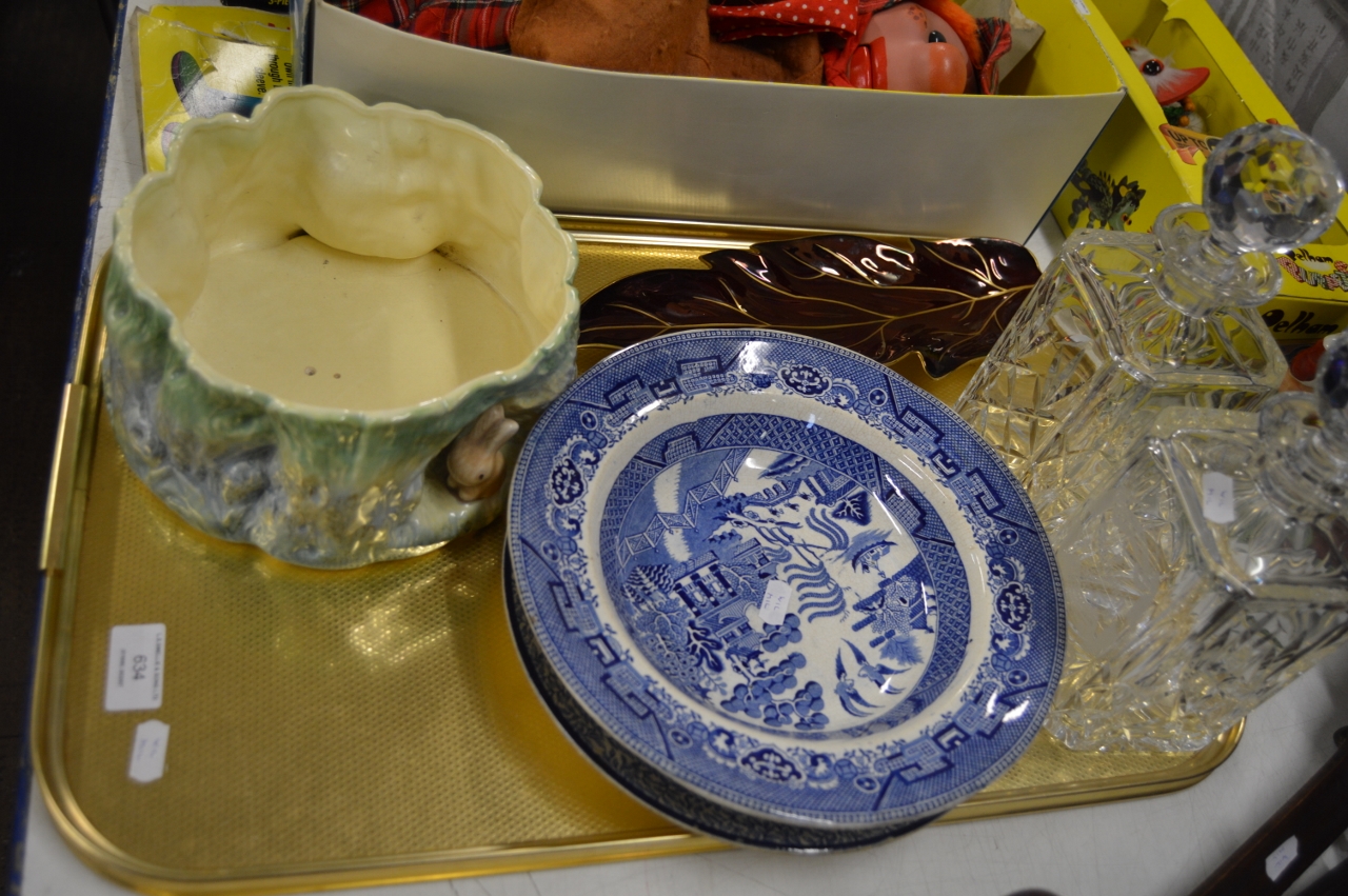 TRAY WITH TWO CUT CRYSTAL DECANTERS AND STOPPERS, PLANTER, BLUE AND WHITE AND CARLTON LEAF PLATE