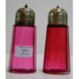 PAIR OF CRANBERRY GLASS SUGAR CASTERS