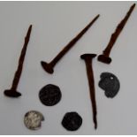 4 OLD ROMAN NAILS & 4 ROMAN COINS