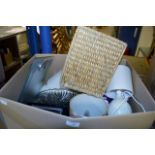 BOX CONTAINING TABLE LAMPS, TOASTER, WICKER BASKET, GLASS BOWL, PERSONAL SCALES ETC