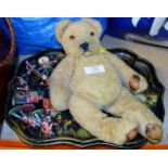 2 LACQUERED TRAYS, VARIOUS LEAD SOLDIERS & VINTAGE TEDDY BEAR WITH GLASS EYES