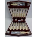 CASED SET OF 6 EACH BONE HANDLED FISH KNIVES & FORKS WITH SERVERS