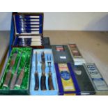 VARIOUS BOXED SETS OF CUTLERY, CARVING SETS, DESSERT KNIVES, FISH KNIVES & FORKS ETC