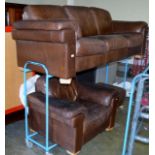 3 PIECE BROWN LEATHER LOUNGE SUITE COMPRISING 3 SEATER SETTEE, SINGLE ARM CHAIR & FOOT STOOL