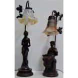 2 BRONZE EFFECT FIGURINE TABLE LAMPS WITH GLASS SHADES