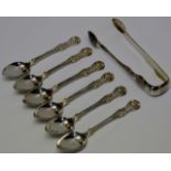 SET OF 6 VICTORIAN GLASGOW SILVER TEASPOONS WITH TONGS