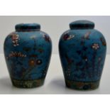 PAIR OF 6" JAPANESE CLOISONNÉ ON PORCELAIN LIDDED JARS WITH 8 CHARACTER MARKS IN BLUE ON BASES