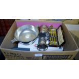 BOX CONTAINING VARIOUS EPNS TANKARDS, RETRO TEA WARE, LARGE QUAICH, CUTLERY ETC