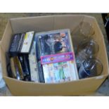 BOX CONTAINING MODERN GLASS VASES, HAIR DRYER, DVDS ETC