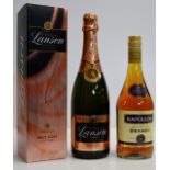 NAPOLEON 3 YEAR OLD CASK AGED BRANDY - 70CL, 36% VOLUME & LANSONBRUT ROSE LABEL CHAMPAGNE WITH