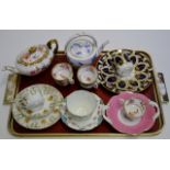 TRAY CONTAINING VICTORIAN TRIO SET, HAMMERSLEY LIDDED TEA POT, 1 OTHER TEA POT, VARIOUS TEA WARE ETC