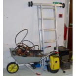 COLLECTION OF VARIOUS TOOLS, WHEEL BARROW, SET OF LADDERS, TOOL BOXES, KARCHER CLEANER, TROLLEY JACK