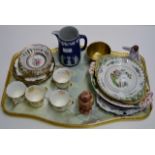 TRAY CONTAINING WEDGWOOD JUG, ORIENTAL BRASS BOWL, HALF DOLL, LIDDED JAR, DRESDEN PIN DISH,