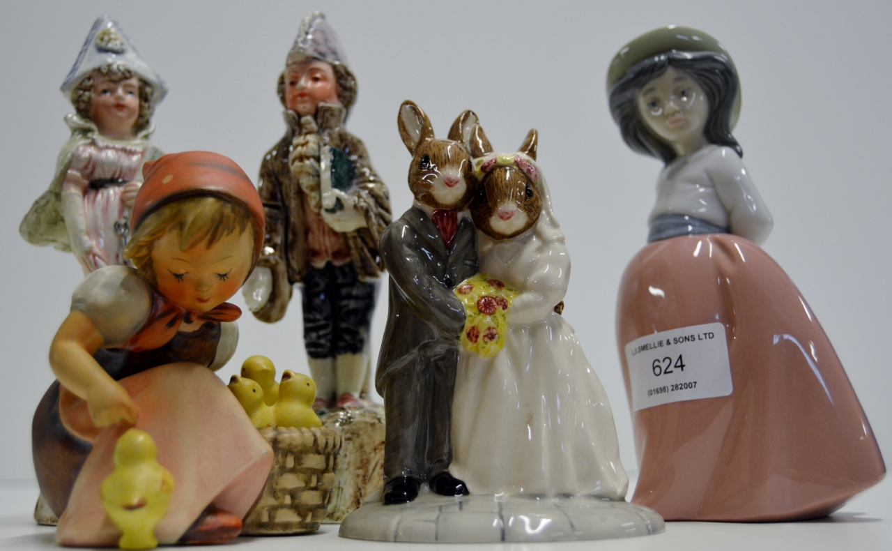 PAIR OF UNUSUAL VICTORIAN FIGURINE DISPLAYS, NAO FIGURINE, GOEBEL FIGURINE & ROYAL DOULTON BUNNYKINS