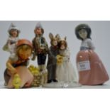 PAIR OF UNUSUAL VICTORIAN FIGURINE DISPLAYS, NAO FIGURINE, GOEBEL FIGURINE & ROYAL DOULTON BUNNYKINS