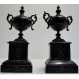 PAIR OF DECORATIVE BLACK SLATE URNS