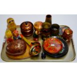 VARIOUS RUSSIAN COLLECTABLES, NESTING DOLLS, HAND PAINTED LADLES, EGG DISPLAY ETC