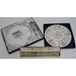 AYNSLEY CAKE PLATE IN BOX, MINTON'S CAKE PLATE & DECORATIVE HAND FAN