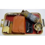 TRAY CONTAINING CORKSCREW, TRAVEL IRON, PAIR OF VINTAGE RAYBAN SUNGLASSES, SUGAR & CREAM SET,