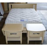 EX DISPLAY MODERN BEECH FRAMED DOUBLE BED WITH MATTRESS & PAIR OF MATCHING SINGLE DRAWER BEDSIDE