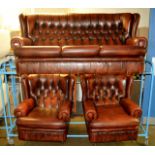 3 PIECE CHESTERFIELD STYLE LEATHER WING BACK LOUNGE SUITE COMPRISING 3 SEATER SETTEE & PAIR OF