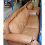 2 PIECE TAN LEATHER LOUNGE SUITE COMPRISING 2 X LARGE 3 SEATER SETTEES