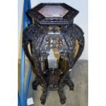 ORNATE HEAVILY CARVED PLANT STAND WITH ROUGE MARBLE TOP