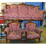 3 PIECE ORNATE MAHOGANY FRAMED LOUNGE SUITE COMPRISING 3 SEATER SETTEE & 2 SINGLE ARM CHAIRS