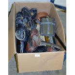 BOX CONTAINING ICE SKATES, WALKING STICK, WATER CANTEEN, COLLAR BOX, FRAMED PICTURES ETC