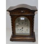 LARGE OAK GERMAN BRACKET CLOCK WITH SILVER FACE AND BARLEY TWIST COLUMNS