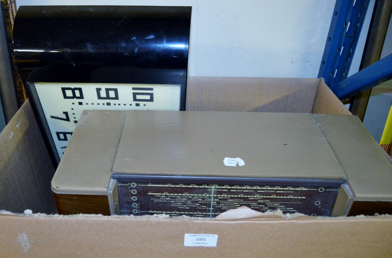 BOX CONTAINING VINTAGE RADIO, WALL CLOCK ETC