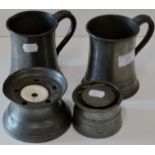 2 VICTORIAN PEWTER TANKARDS, 2 PEWTER INKWELLS