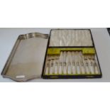 CASED SET OF E.P.N.S. MOTHER OF PEARL HANDLED FRUIT KNIVES AND FORKS, SHEFFIELD PLATE GALLERY TRAY