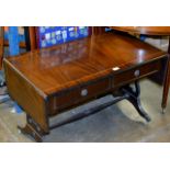 REPRODUCTION INLAID MAHOGANY DROP LEAF SOFA TABLE WITH 2 DRAWERS