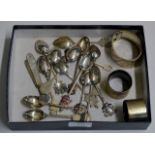 BOX CONTAINING MISC SILVER WARE, SPOONS, NAPKIN RINGS, BANGLE ETC