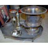 GALLERY TRAY, PAIR OF CANDLE HOLDERS & EPNS DOUBLE HANDLED URN