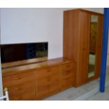 3 PIECE MODERN TEAK BEDROOM SUITE COMPRISING DOUBLE DOOR WARDROBE, 3 DRAWER BEDSIDE CHEST & 6 DRAWER