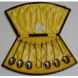 CASED SET OF 6 BIRMINGHAM SILVER SPOONS WITH TONGS