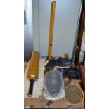 COLLECTION OF VARIOUS SPORTS EQUIPMENT, CRICKET BATS, RACKETS, ICE SKATES, FENCING MASK, FENCING