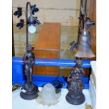 2 BRONZE EFFECT FIGURINE TABLE LAMPS WITH GLASS SHADES
