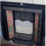 VICTORIAN CAST IRON FIRE INSERT WITH SET OF DECORATIVE SIGNED TILES - MUCHO 1900