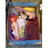 4 BOXES WITH VARIOUS TOYS, BARBIE DOLLS, DOLLS ETC