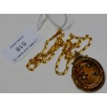 GOLD PLATED DRESS STONE PENDANT ON 9 CARAT GOLD CHAIN - WEIGHT = APPROXIMATELY 12.7 GRAMS