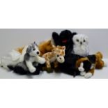 9 VARIOUS SOFT TOYS (AS NEW) INCLUDING SWANS, BLACK BEAR, HORSE, GIRAFFE, OWL ETC