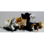 9 VARIOUS SOFT TOYS (AS NEW) INCLUDING SWANS, BLACK BEAR, HORSE, GIRAFFE, OWL ETC