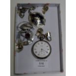 BOX CONTAINING SILVER OPEN FACE POCKET WATCH, PAIR OF SILVER EARRINGS, SILVER BROOCH & VARIOUS